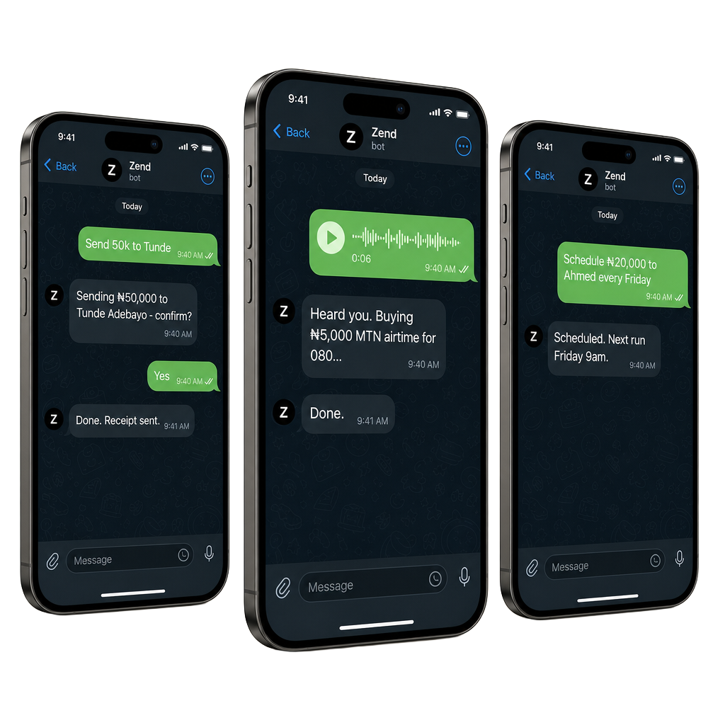 Three phones showing the Zend Telegram bot in action