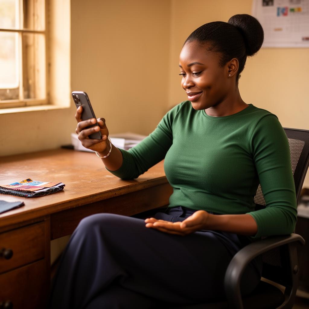 A Nigerian businesswoman at her desk after sending an invoice via ZendPay