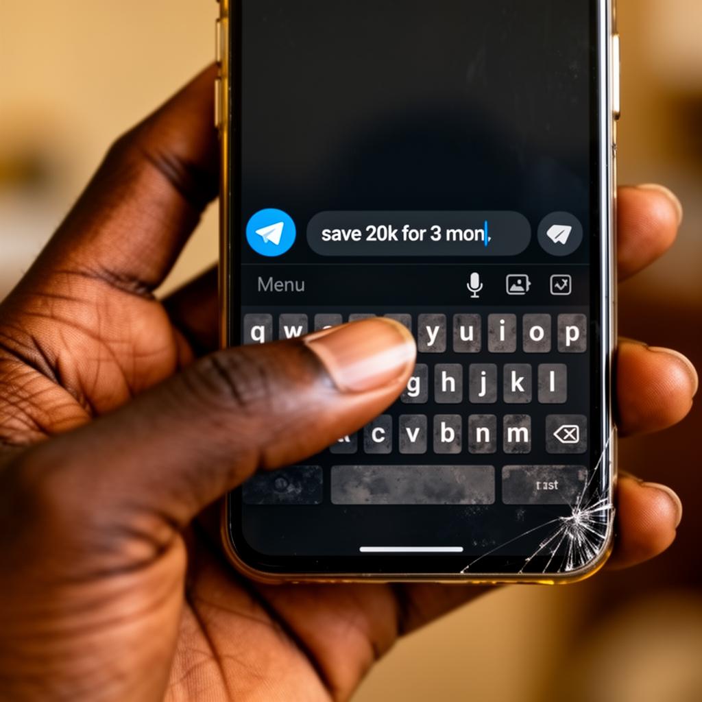Hand typing 'save 20k for 3 mon' into the Telegram message bar