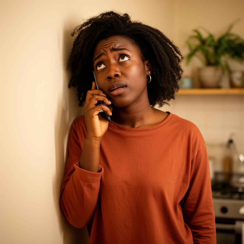 A Nigerian woman in a Lagos kitchen sending a Telegram voice note