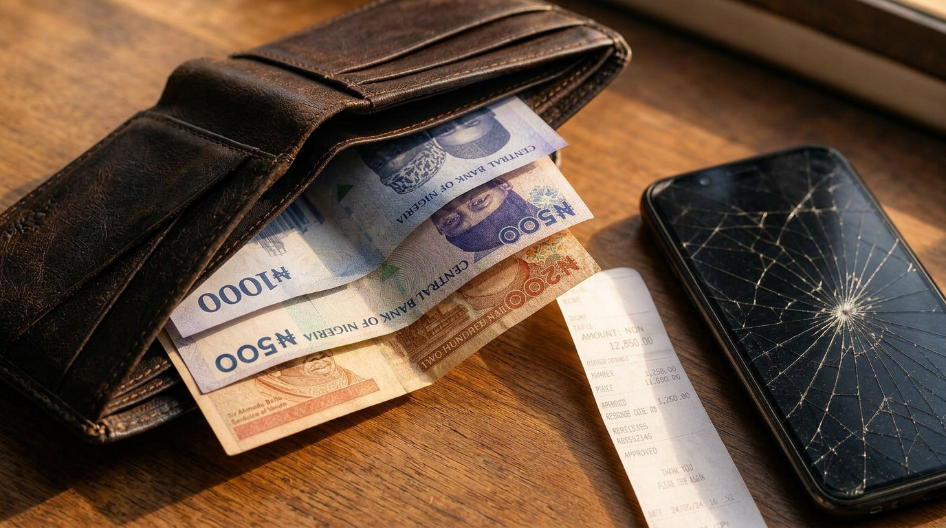 A worn Nigerian wallet with Naira notes, a POS receipt and a cracked phone on a wooden surface