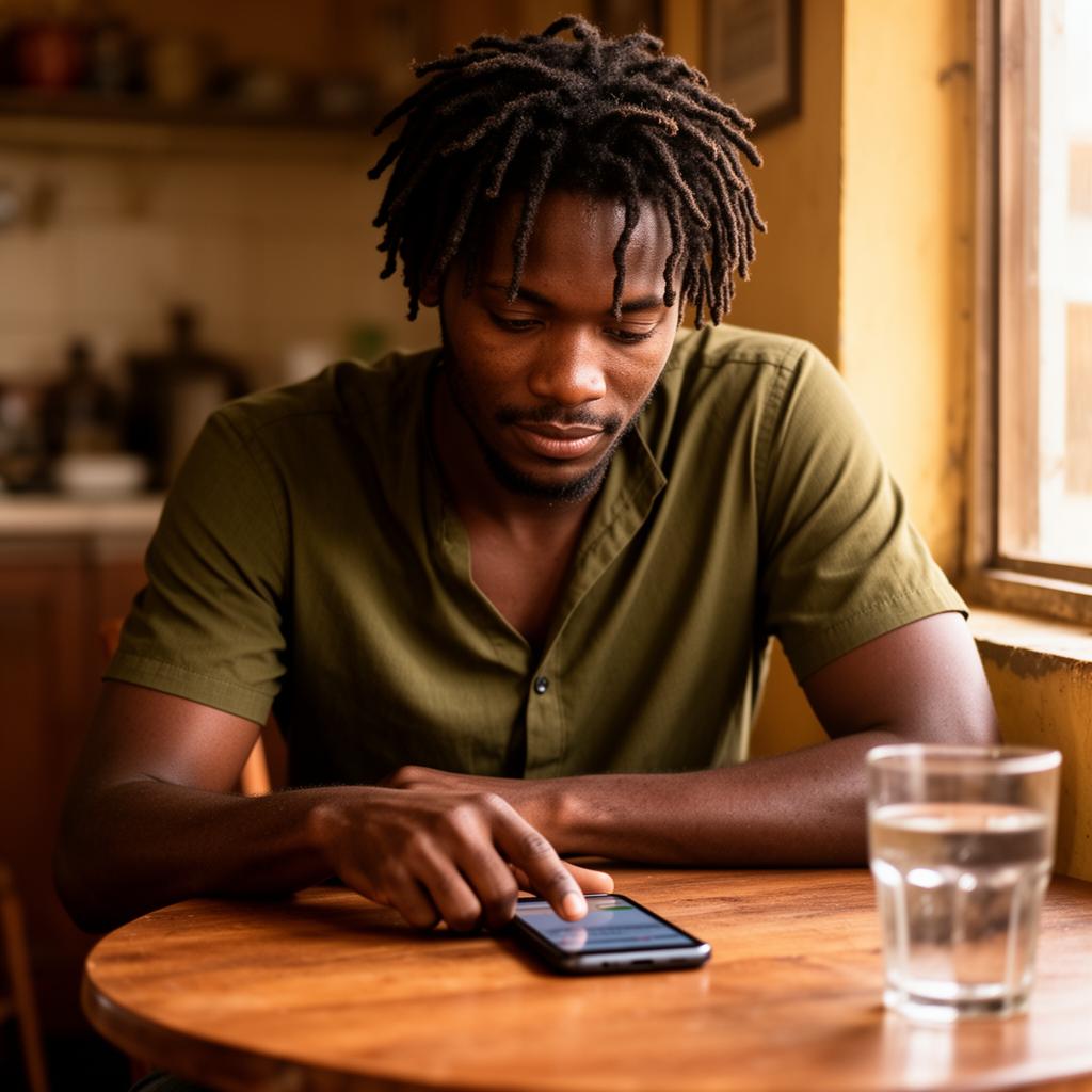 A Nigerian man checking his ZendFlex balance at a café table